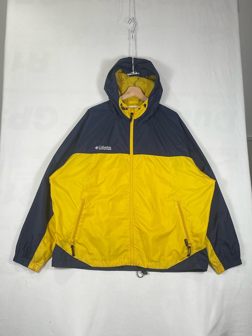 Vintage Columbia Packable Yellow Windbreaker Full Zip Rain Jacket Hood Sz XL